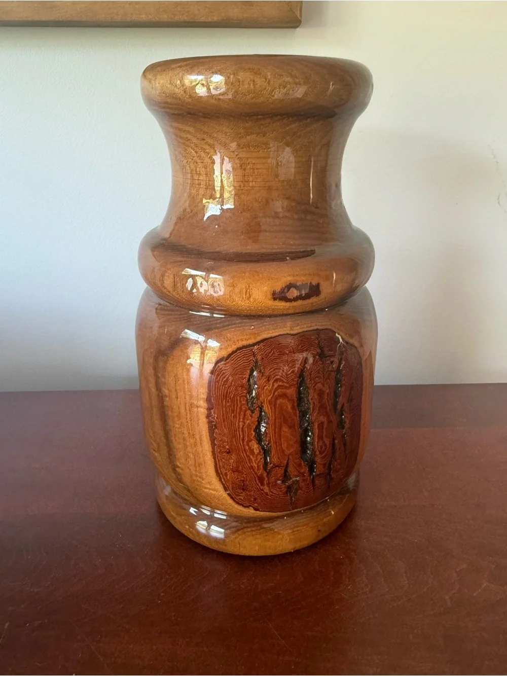 Vintage hand turned knotty wood vase with resin